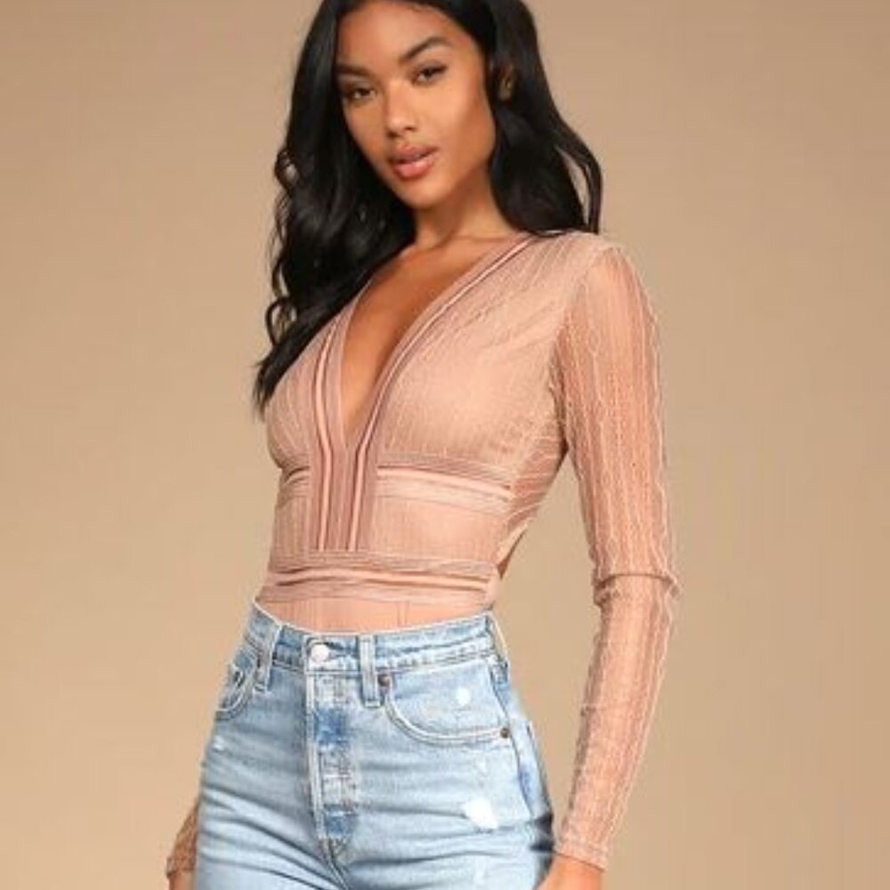 Casita Beige Sheer Lace Long Sleeve Bodysuit